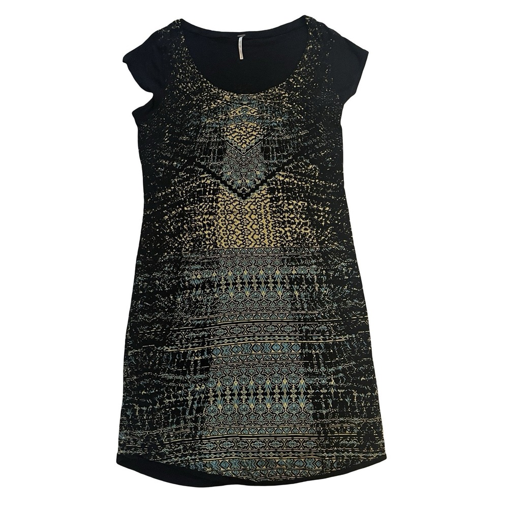 Free People Size L Bodycon Dress Y2K Black Green Blue Speckle‎ Scoop Cap Sleeve